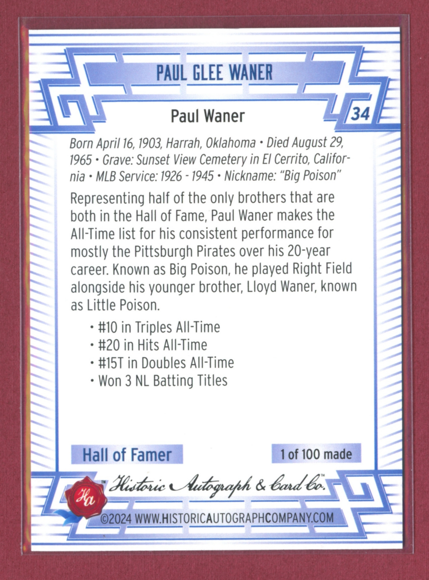 2024 Historic Autographs All-Time Greats Baseball • Variations & Inserts - Picture 37 of 97
