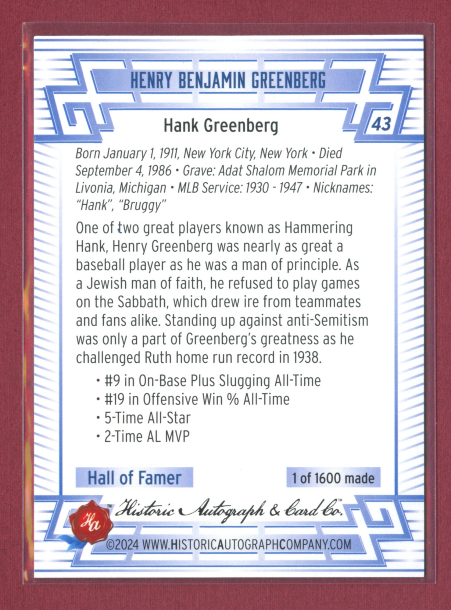 2024 Historic Autographs All-Time Greats Baseball • Variations & Inserts - Picture 39 of 97