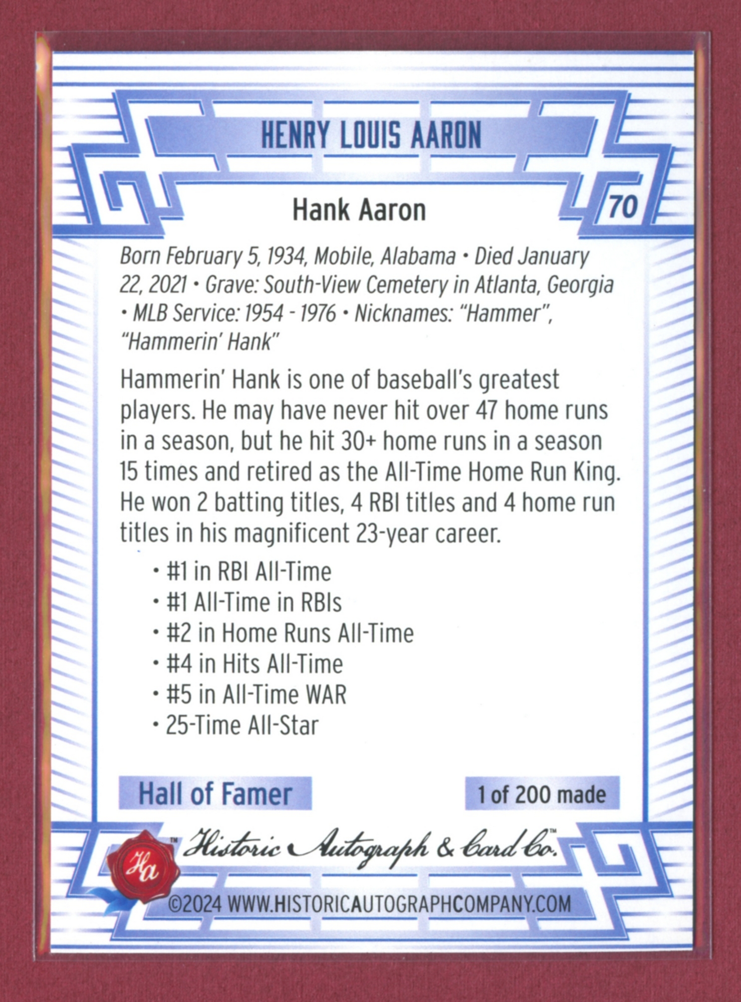 2024 Historic Autographs All-Time Greats Baseball • Variations & Inserts - Picture 59 of 97
